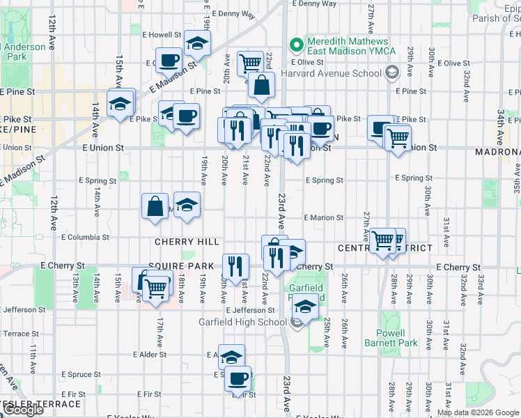 map of restaurants, bars, coffee shops, grocery stores, and more near 2123 East Marion Street in Seattle