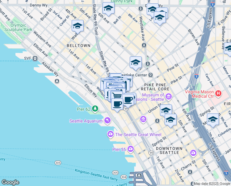 map of restaurants, bars, coffee shops, grocery stores, and more near in Seattle