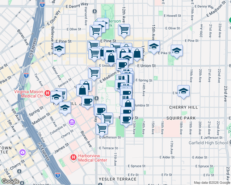map of restaurants, bars, coffee shops, grocery stores, and more near Seattle University Campus Walk in Seattle