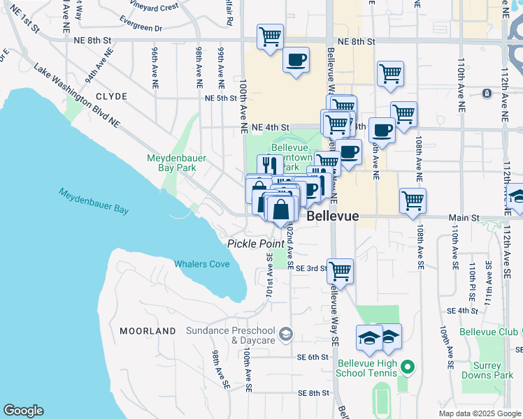 map of restaurants, bars, coffee shops, grocery stores, and more near in Bellevue