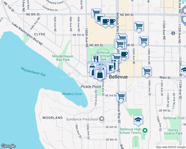map of restaurants, bars, coffee shops, grocery stores, and more near 10000 Main Street in Bellevue
