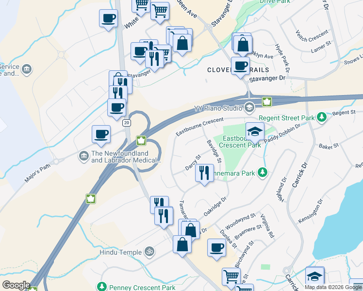 map of restaurants, bars, coffee shops, grocery stores, and more near 17 Kilmory Place in St. John's