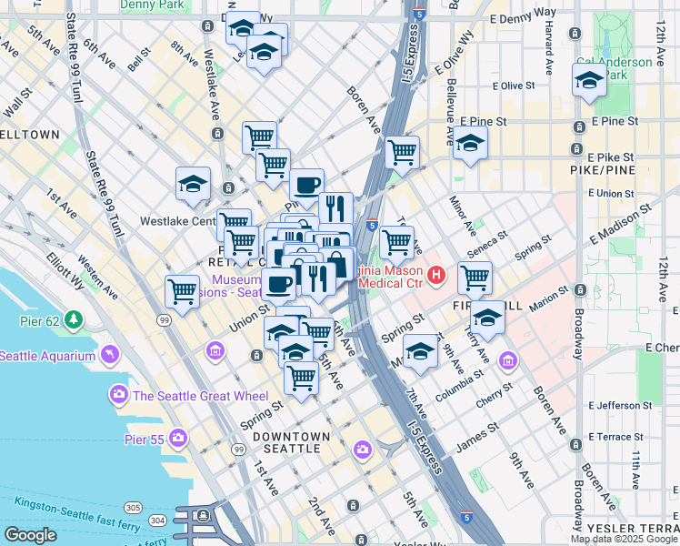 map of restaurants, bars, coffee shops, grocery stores, and more near 601 Union Street in Seattle