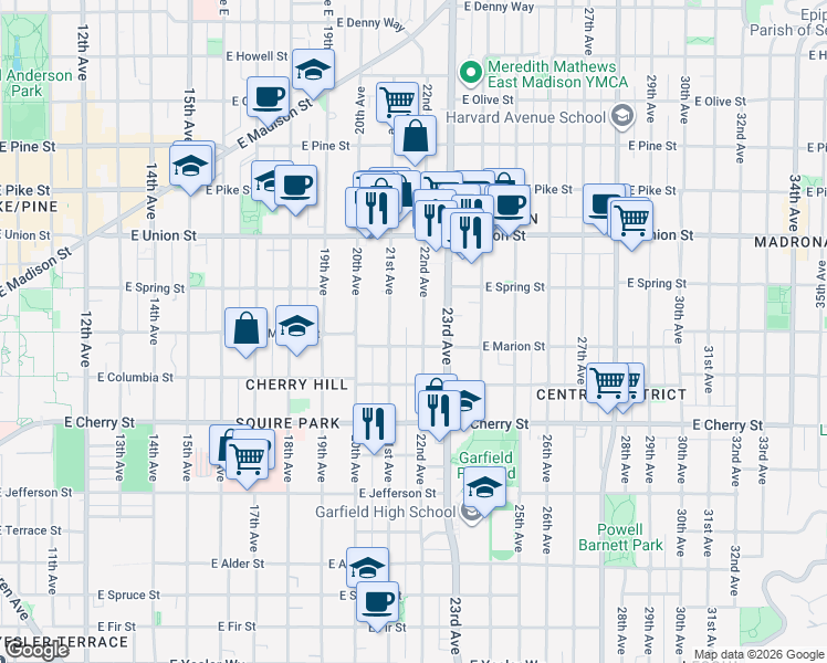 map of restaurants, bars, coffee shops, grocery stores, and more near 2123 East Marion Street in Seattle