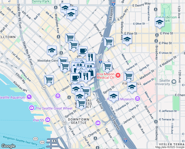 map of restaurants, bars, coffee shops, grocery stores, and more near 1404 3rd Avenue in Seattle