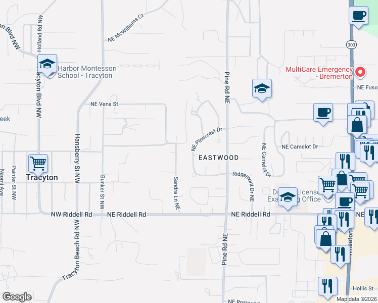 map of restaurants, bars, coffee shops, grocery stores, and more near 767 Northeast Pinecrest Drive in Bremerton