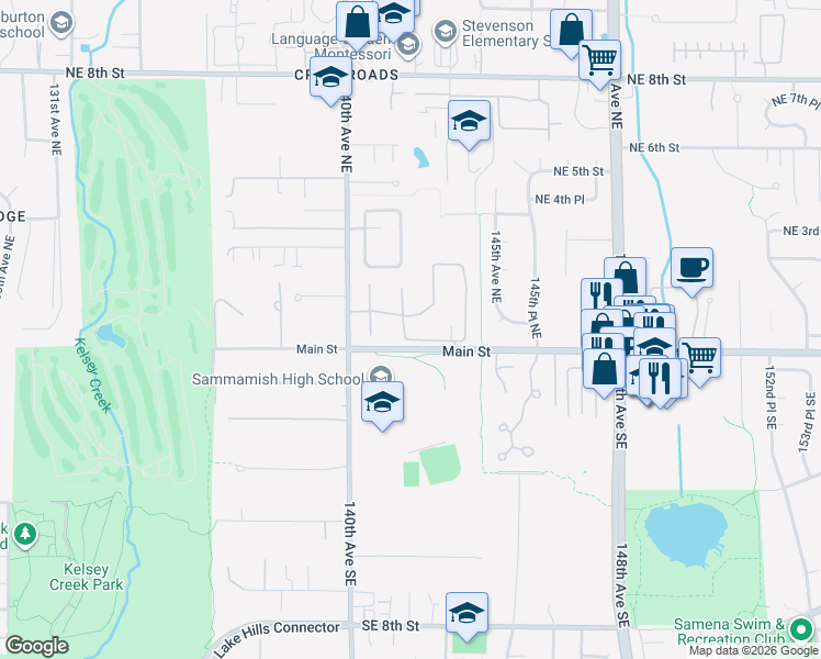 map of restaurants, bars, coffee shops, grocery stores, and more near 130 141st Place Northeast in Bellevue