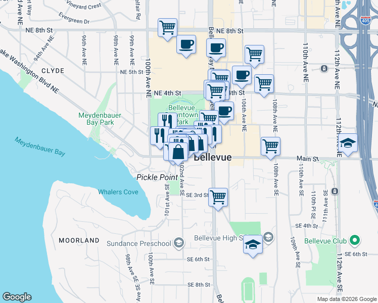 map of restaurants, bars, coffee shops, grocery stores, and more near 10230 Main Street in Bellevue
