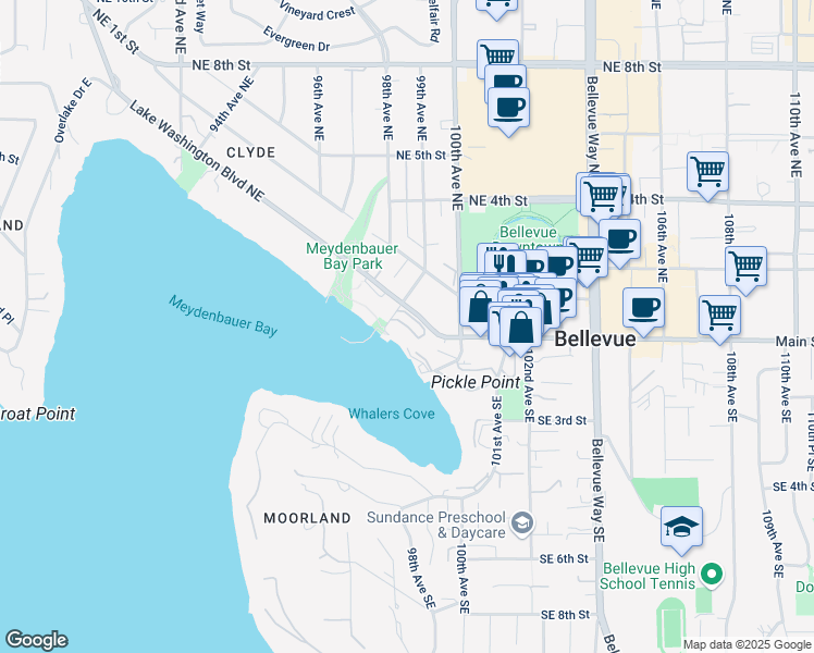 map of restaurants, bars, coffee shops, grocery stores, and more near 9945 Lake Washington Boulevard Northeast in Bellevue