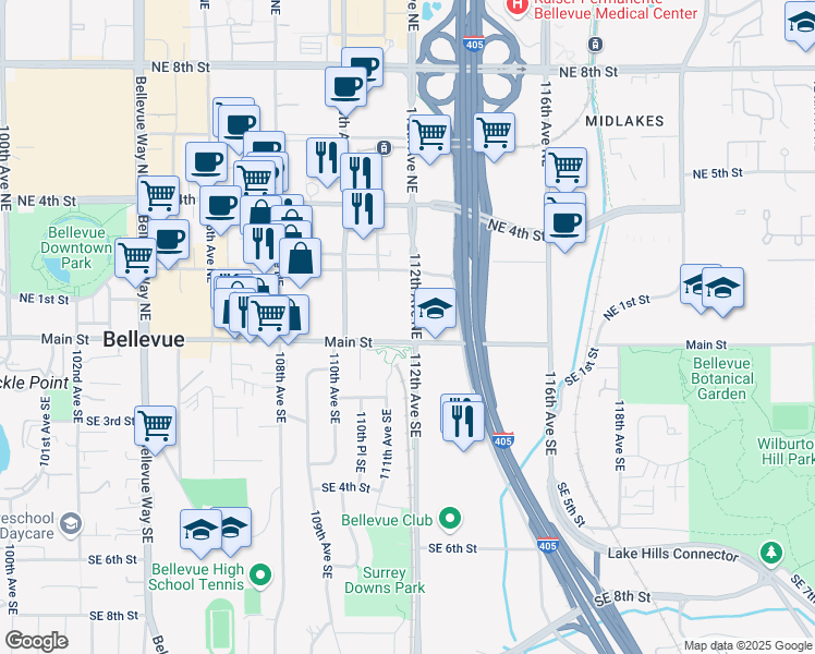map of restaurants, bars, coffee shops, grocery stores, and more near in Bellevue