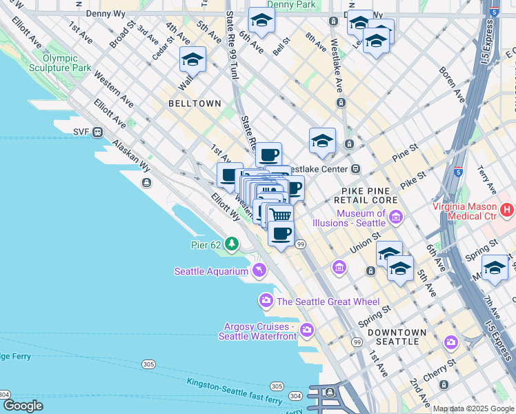 map of restaurants, bars, coffee shops, grocery stores, and more near 87 Virginia Street in Seattle