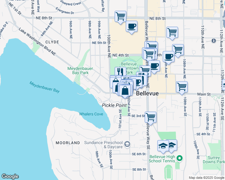 map of restaurants, bars, coffee shops, grocery stores, and more near in Bellevue