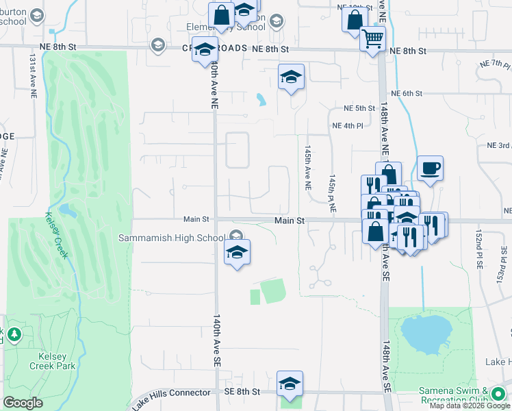map of restaurants, bars, coffee shops, grocery stores, and more near 130 141st Place Northeast in Bellevue