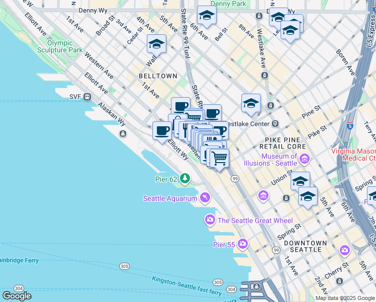 map of restaurants, bars, coffee shops, grocery stores, and more near 2000 Western Avenue in Seattle
