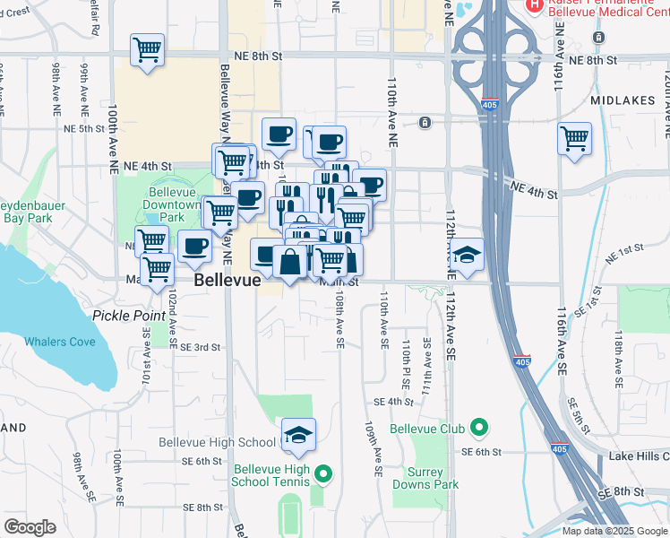 map of restaurants, bars, coffee shops, grocery stores, and more near 10801 Main Street in Bellevue