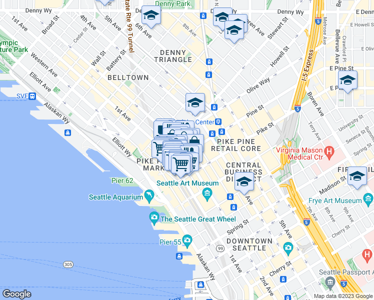 map of restaurants, bars, coffee shops, grocery stores, and more near 196 Pine Street in Seattle