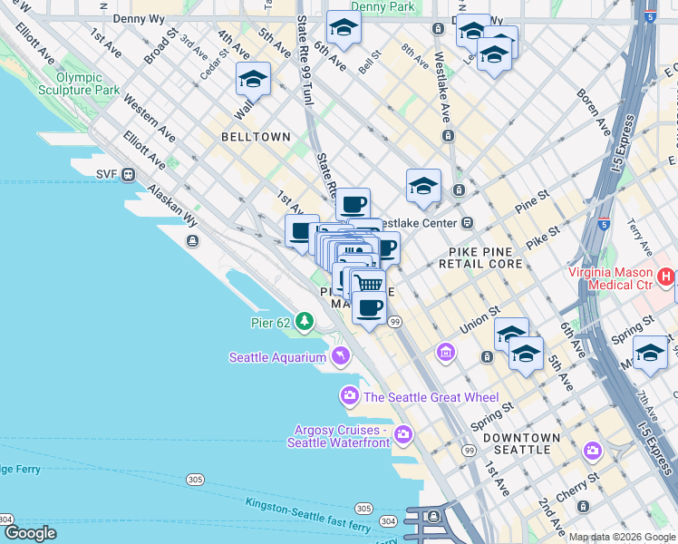map of restaurants, bars, coffee shops, grocery stores, and more near 1922 Pike Place in Seattle