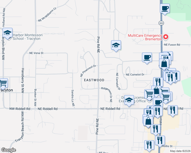 map of restaurants, bars, coffee shops, grocery stores, and more near 710 Parkway Court Northeast in Bremerton