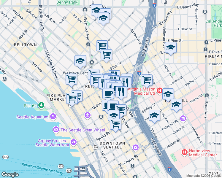 map of restaurants, bars, coffee shops, grocery stores, and more near 1420 5th Avenue in Seattle