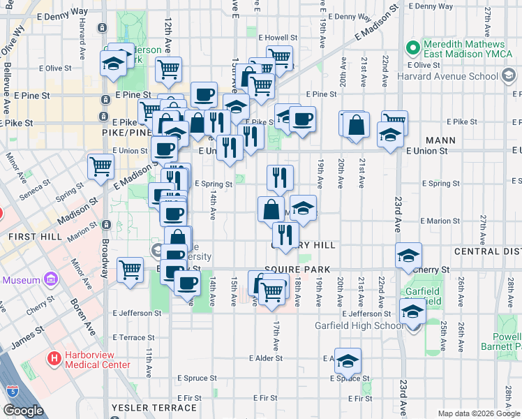 map of restaurants, bars, coffee shops, grocery stores, and more near 1602 East Marion Street in Seattle