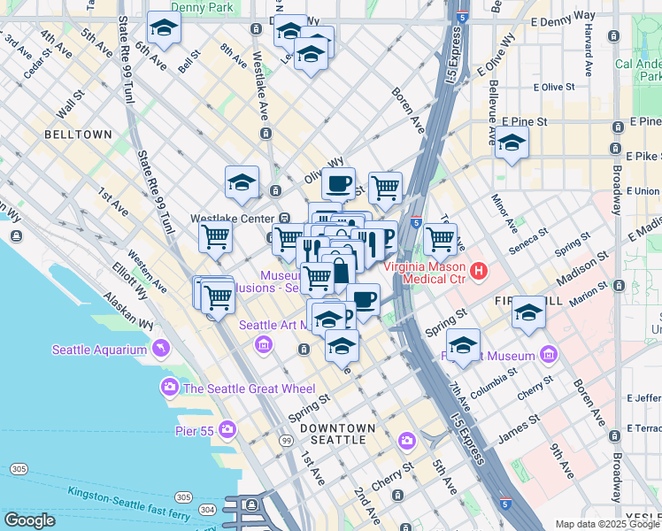 map of restaurants, bars, coffee shops, grocery stores, and more near in Seattle