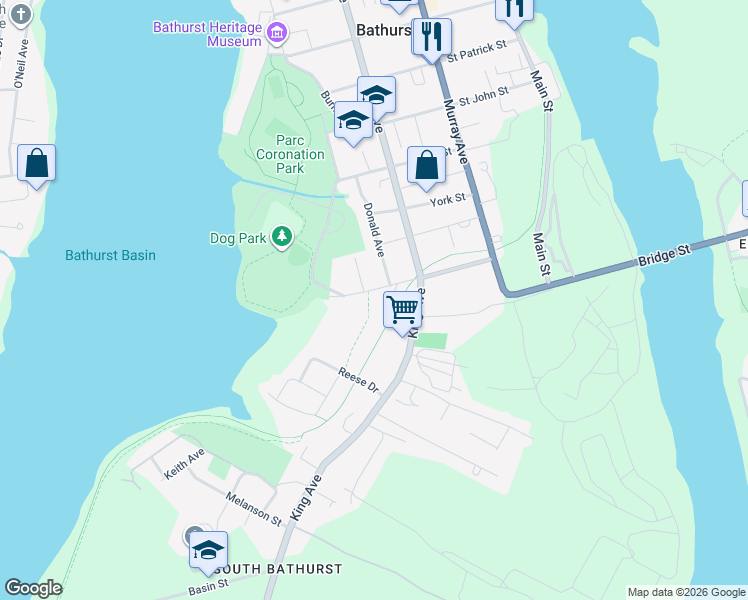 map of restaurants, bars, coffee shops, grocery stores, and more near 130 Dumaresq Street in Bathurst