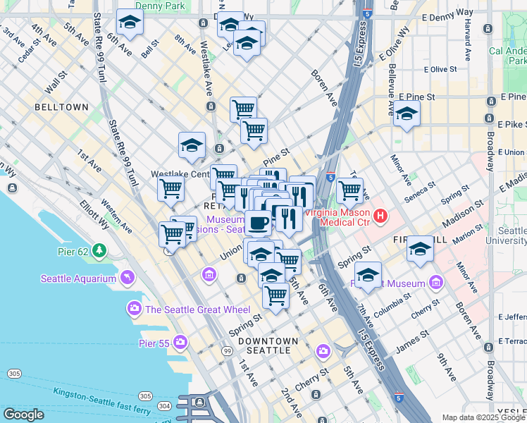 map of restaurants, bars, coffee shops, grocery stores, and more near 1420 5th Avenue in Seattle