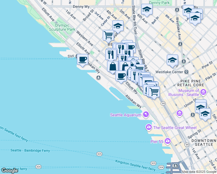 map of restaurants, bars, coffee shops, grocery stores, and more near 2203 Alaskan Way in Seattle