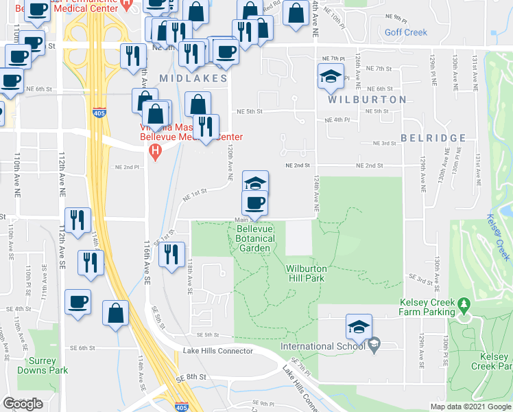 map of restaurants, bars, coffee shops, grocery stores, and more near 12111 Northeast 1st Street in Bellevue