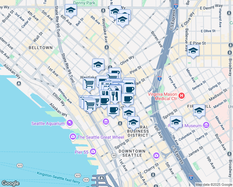 map of restaurants, bars, coffee shops, grocery stores, and more near in Seattle