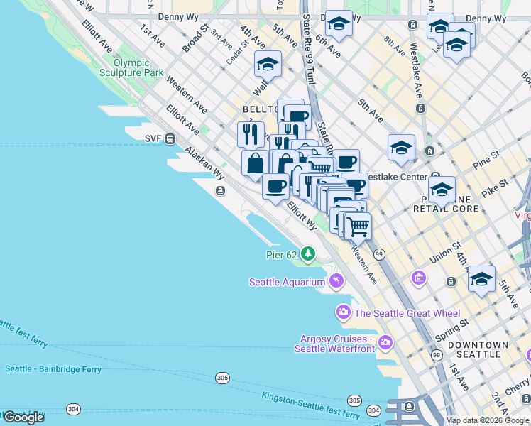 map of restaurants, bars, coffee shops, grocery stores, and more near 2203 Alaskan Way in Seattle