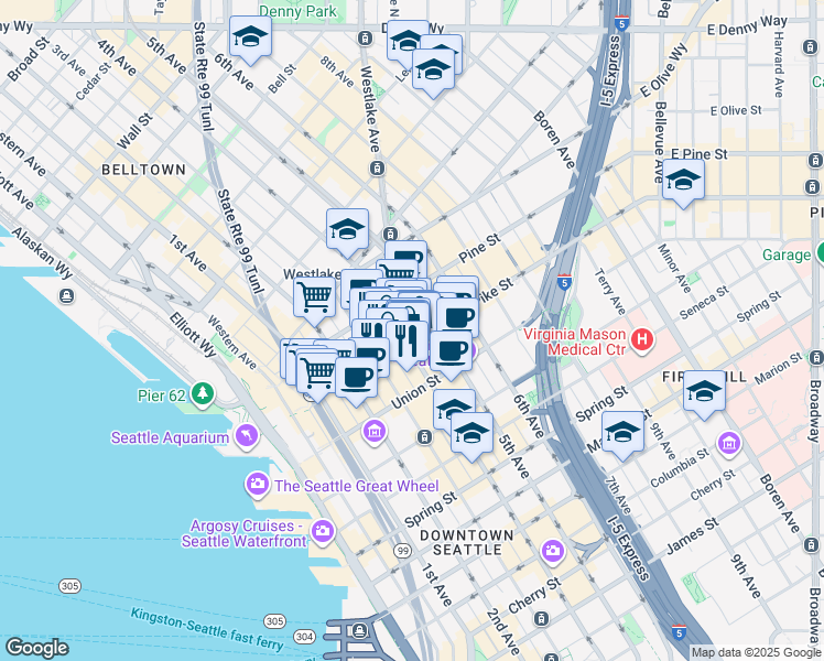 map of restaurants, bars, coffee shops, grocery stores, and more near 1500 4th Avenue in Seattle