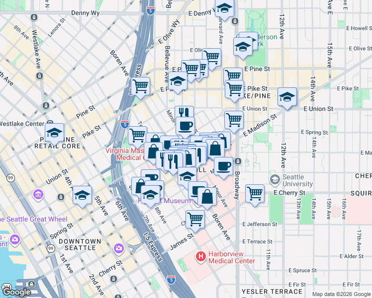 map of restaurants, bars, coffee shops, grocery stores, and more near in Seattle