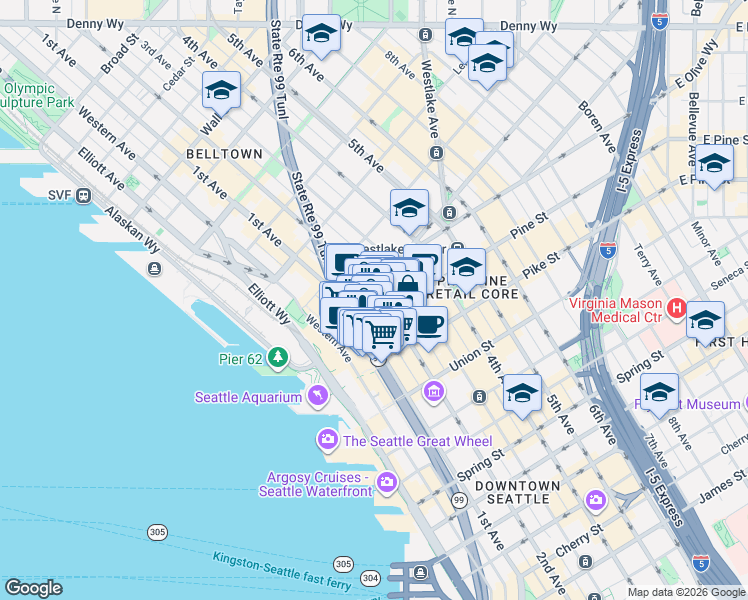 map of restaurants, bars, coffee shops, grocery stores, and more near 121 Stewart Street in Seattle