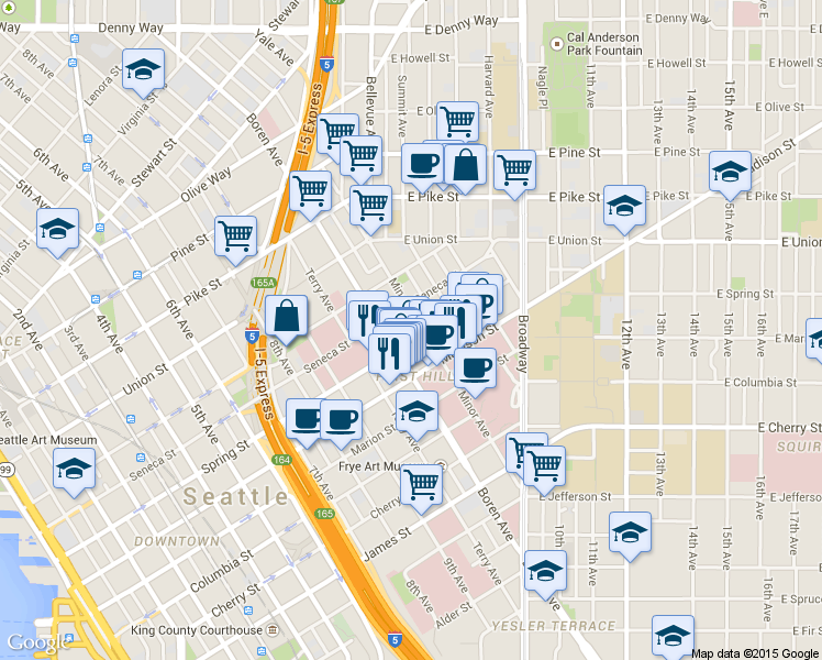 map of restaurants, bars, coffee shops, grocery stores, and more near 1120 Spring Street in Seattle