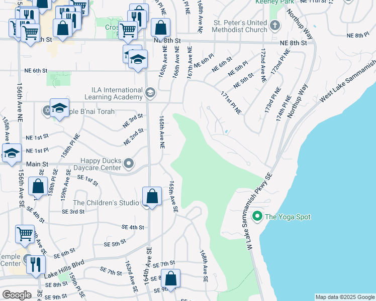 map of restaurants, bars, coffee shops, grocery stores, and more near 16515 Northeast 1st Street in Bellevue