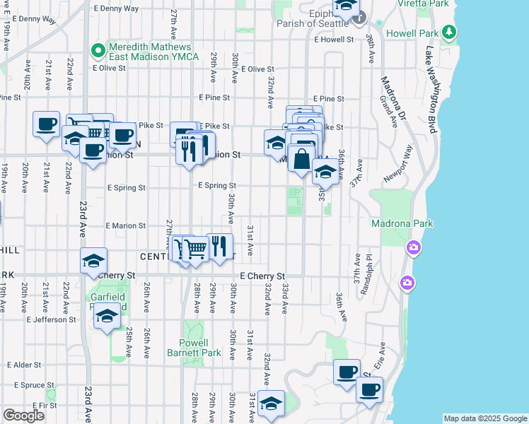 map of restaurants, bars, coffee shops, grocery stores, and more near 821 32nd Avenue in Seattle