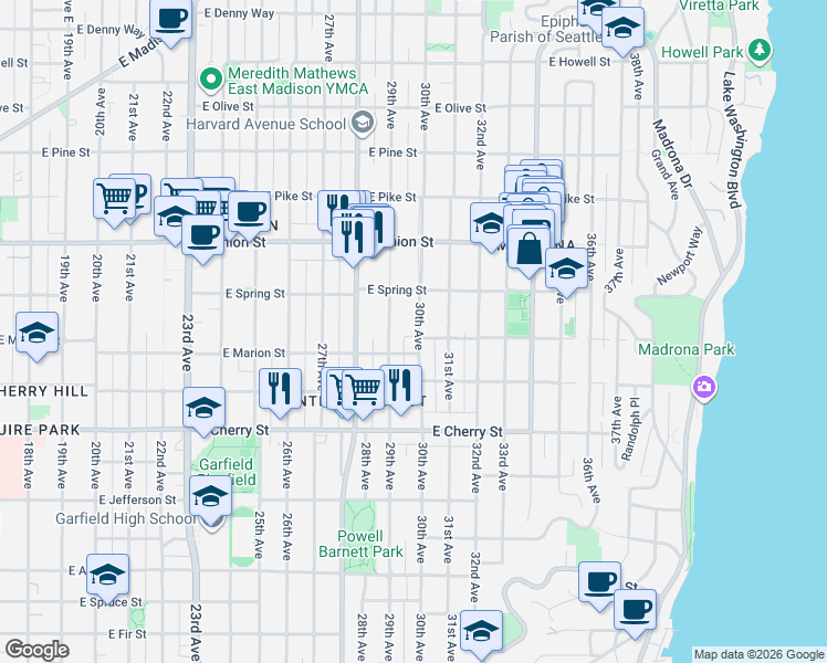 map of restaurants, bars, coffee shops, grocery stores, and more near 824 30th Avenue in Seattle