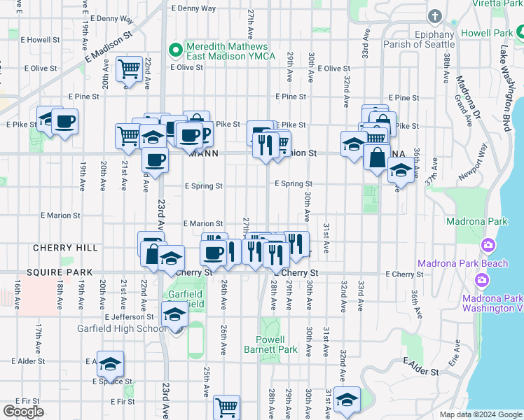 map of restaurants, bars, coffee shops, grocery stores, and more near 2717 East Marion Street in Seattle