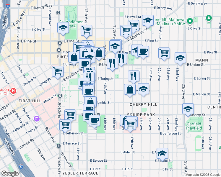 map of restaurants, bars, coffee shops, grocery stores, and more near 825 15th Avenue in Seattle