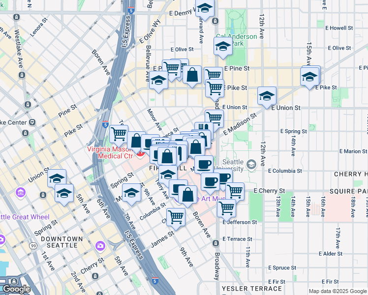 map of restaurants, bars, coffee shops, grocery stores, and more near 1205 Madison Street in Seattle