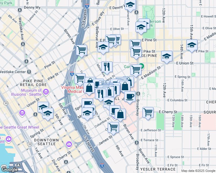 map of restaurants, bars, coffee shops, grocery stores, and more near in Seattle