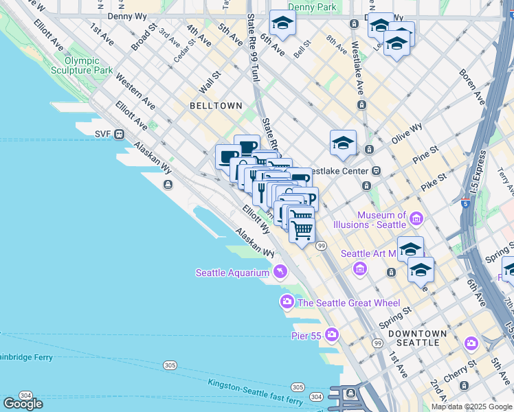 map of restaurants, bars, coffee shops, grocery stores, and more near 2000 Western Avenue in Seattle