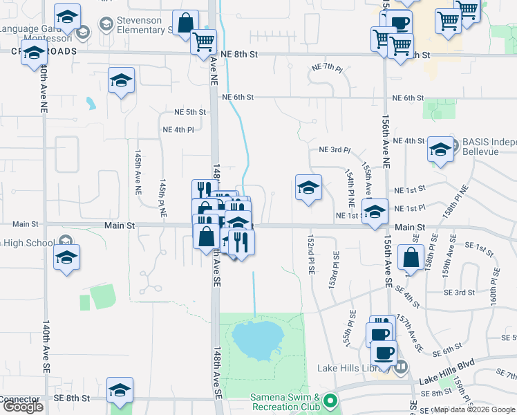 map of restaurants, bars, coffee shops, grocery stores, and more near 3 150th Avenue Northeast in Bellevue