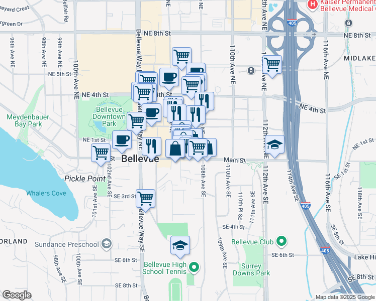 map of restaurants, bars, coffee shops, grocery stores, and more near 118 107th Avenue Northeast in Bellevue