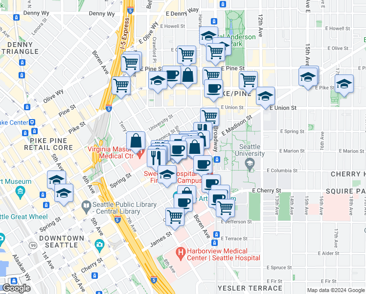 map of restaurants, bars, coffee shops, grocery stores, and more near 1205 Madison Street in Seattle
