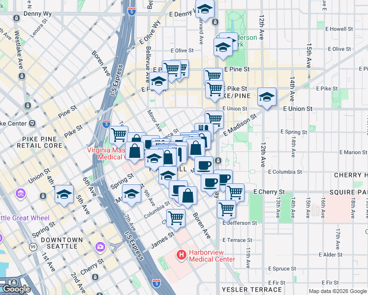 map of restaurants, bars, coffee shops, grocery stores, and more near 1223 Spring Street in Seattle