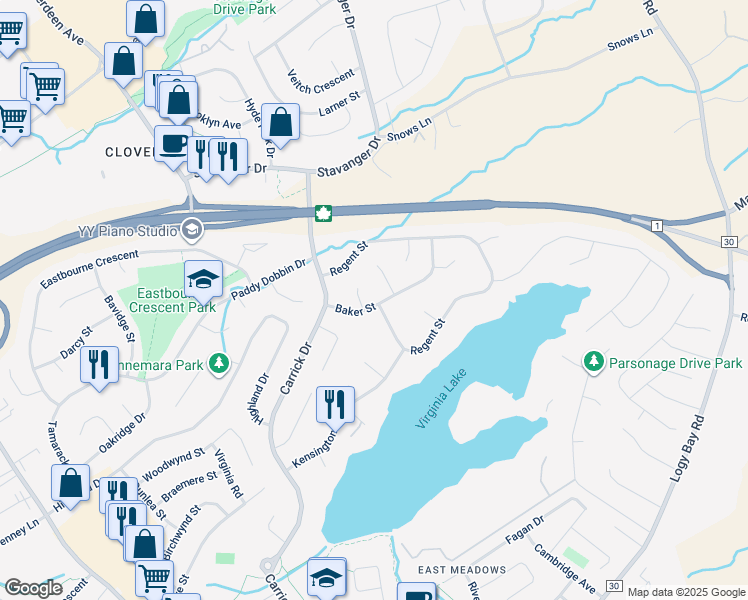 map of restaurants, bars, coffee shops, grocery stores, and more near 15 Baker Street in St. John's