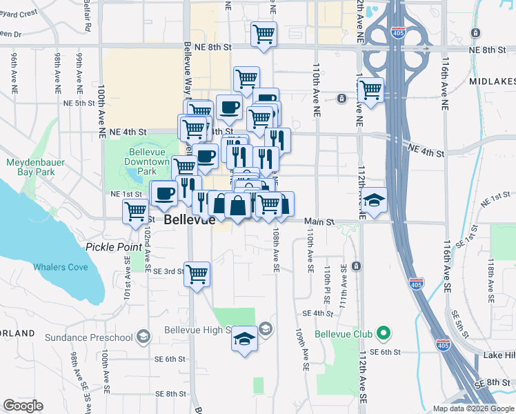 map of restaurants, bars, coffee shops, grocery stores, and more near 118 107th Avenue Northeast in Bellevue