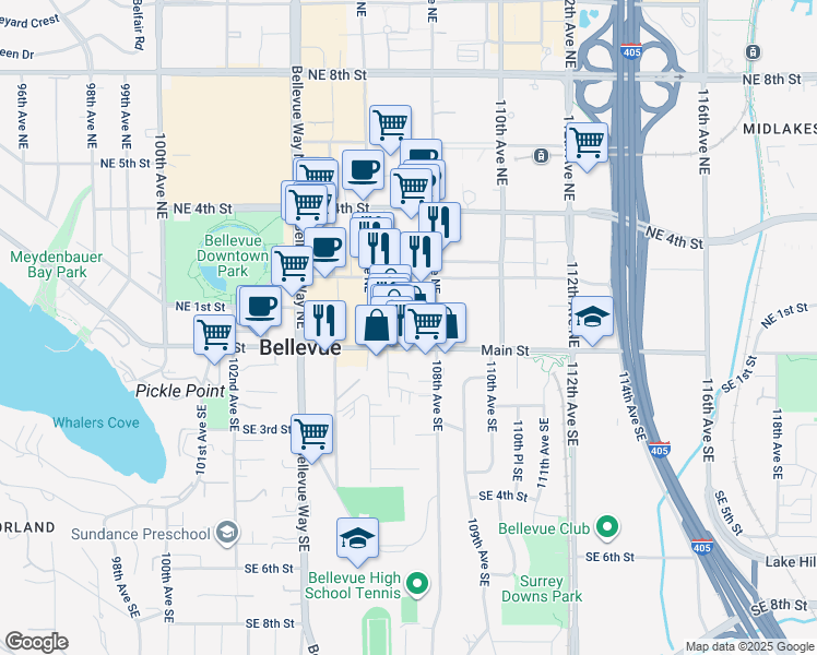 map of restaurants, bars, coffee shops, grocery stores, and more near 10713 Main Street in Bellevue